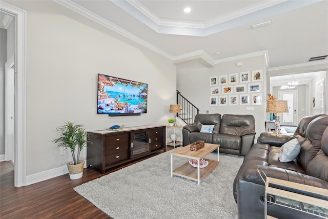 7 Menorca Way, Palm Coast, FL 32137 - living room featuring visible vents, ornamental molding, baseboards, stairway, and dark wood finished floors