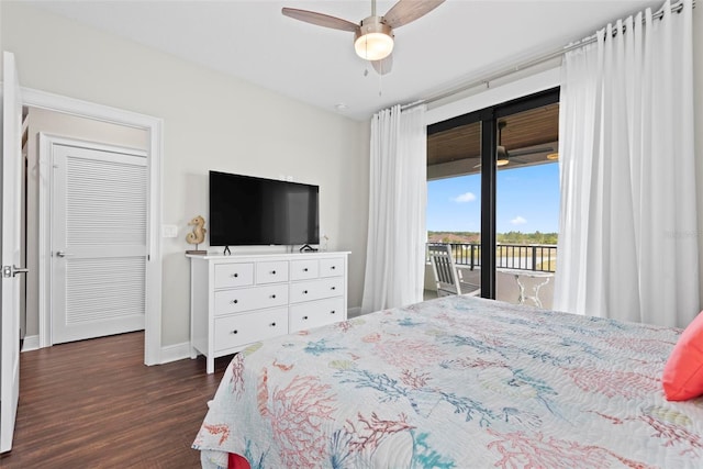 7 Menorca Way, Palm Coast, FL 32137 - bedroom with dark wood-style flooring, access to outside, baseboards, and a ceiling fan