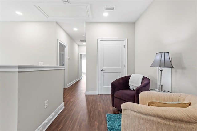 7 Menorca Way, Palm Coast, FL 32137 - living area featuring attic access, recessed lighting, baseboards, dark wood-type flooring, and visible vents