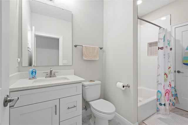 7 Menorca Way, Palm Coast, FL 32137 - bathroom with shower / bath combination with curtain, vanity, baseboards, toilet, and marble finish floor