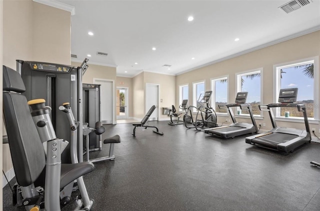 7 Menorca Way, Palm Coast, FL 32137 - gym featuring visible vents, ornamental molding, baseboards, and recessed lighting