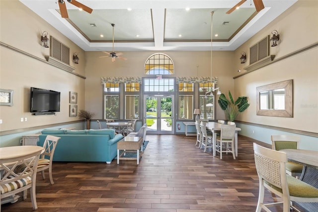 500 Canopy Walk Ln Unit 515, Palm Coast, FL 32137 - living room featuring ceiling fan, a high ceiling, wood finished floors, recessed lighting, and french doors