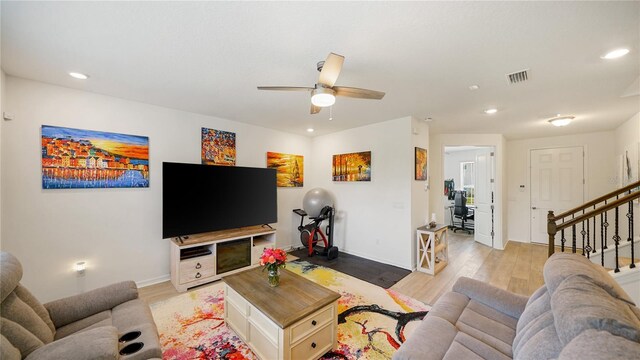 314 Red Barn Rd, Saint Augustine, FL 32092 - living area featuring stairway, recessed lighting, light wood-type flooring, visible vents, and ceiling fan