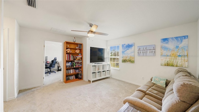314 Red Barn Rd, Saint Augustine, FL 32092 - living room featuring a ceiling fan, carpet floors, baseboards, and visible vents