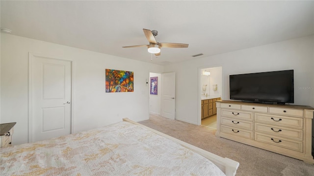 314 Red Barn Rd, Saint Augustine, FL 32092 - bedroom with a ceiling fan, light carpet, connected bathroom, and visible vents