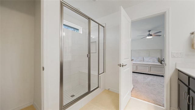 314 Red Barn Rd, Saint Augustine, FL 32092 - ensuite bathroom with vanity, a shower stall, tile patterned floors, ensuite bath, and ceiling fan
