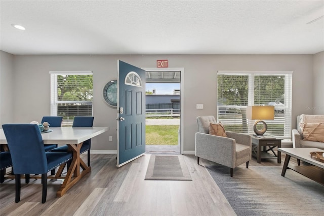 entryway featuring baseboards, wood finished floors, and a textured ceiling