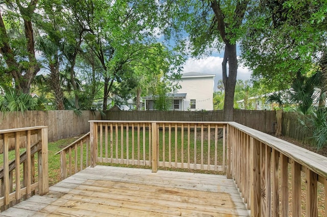 wooden deck with a fenced backyard and a yard
