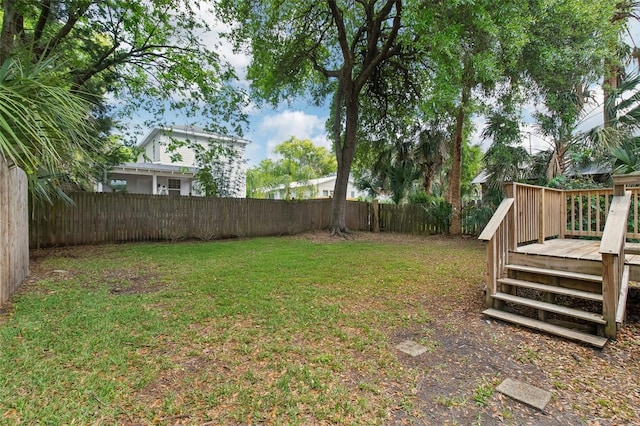 view of yard with a fenced backyard and a deck