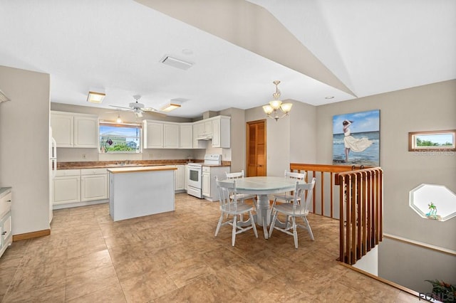 1951 N Daytona Ave, Flagler Beach, FL 32136 - kitchen with white cabinetry, a kitchen island, a sink, white electric stove, and visible vents