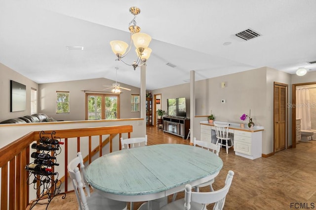1951 N Daytona Ave, Flagler Beach, FL 32136 - dining room featuring ceiling fan with notable chandelier, visible vents, lofted ceiling, and baseboards