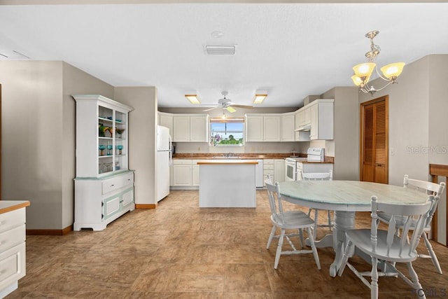 1951 N Daytona Ave, Flagler Beach, FL 32136 - kitchen with a sink, a kitchen island, white cabinetry, white appliances, and visible vents
