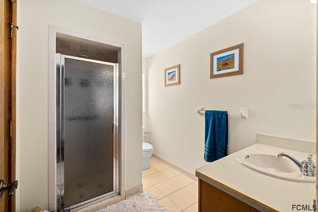 1951 N Daytona Ave, Flagler Beach, FL 32136 - bathroom featuring toilet, a stall shower, tile patterned flooring, and vanity
