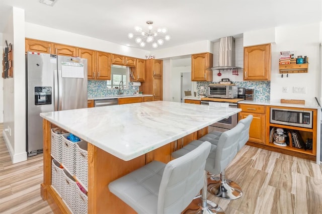 kitchen featuring a center island, decorative backsplash, a sink, appliances with stainless steel finishes, and wall chimney exhaust hood