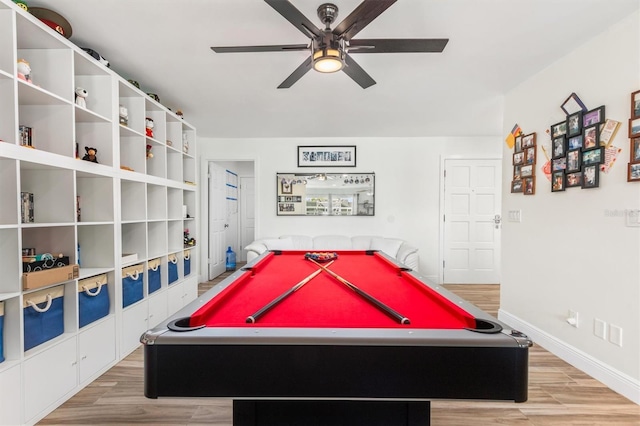 rec room featuring baseboards, pool table, light wood-type flooring, and a ceiling fan