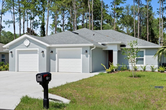 31 Secretary Trl, Palm Coast, FL 32164 - ranch-style house featuring stucco siding, an attached garage, driveway, a front yard, and a shingled roof