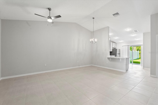 31 Secretary Trl, Palm Coast, FL 32164 - unfurnished living room featuring ceiling fan with notable chandelier, visible vents, baseboards, and vaulted ceiling