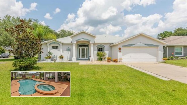 42 Buffalo Bill Dr, Palm Coast, FL 32137 - ranch-style home featuring a fenced in pool, an in ground hot tub, driveway, an attached garage, and a front lawn