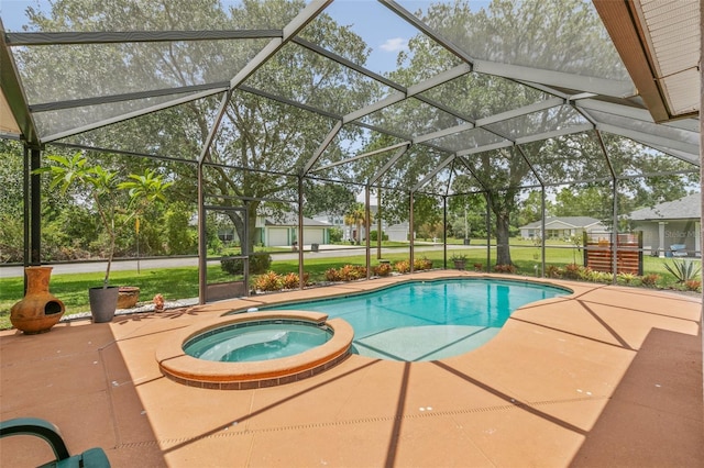 42 Buffalo Bill Dr, Palm Coast, FL 32137 - view of pool with a patio area, a pool with connected hot tub, glass enclosure, and a lawn