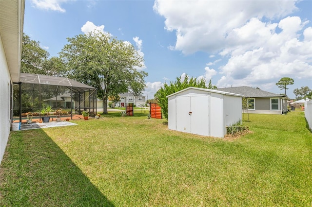 42 Buffalo Bill Dr, Palm Coast, FL 32137 - view of yard featuring an outdoor structure, a storage shed, and glass enclosure