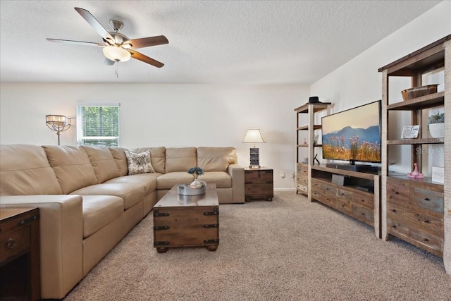 619 Grand Reserve Dr, Bunnell, FL 32110 - carpeted living room featuring a textured ceiling and ceiling fan