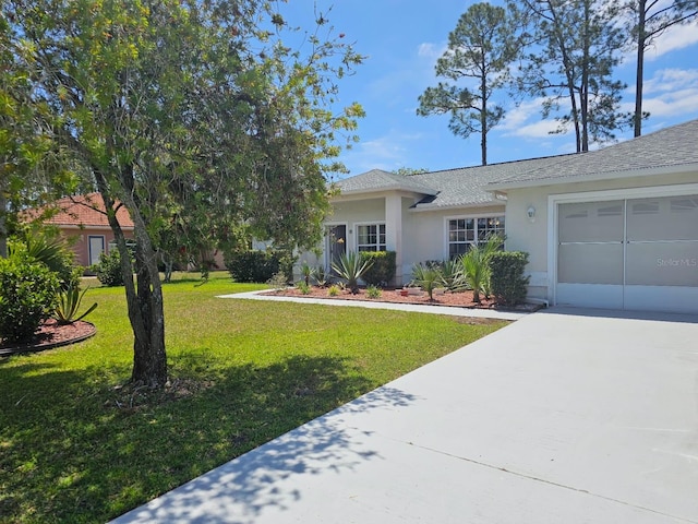 8 Rickenbacker Dr, Palm Coast, FL 32164 - ranch-style house with a front yard, stucco siding, driveway, roof with shingles, and an attached garage