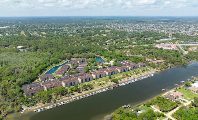 bird's eye view with a view of trees and a water view