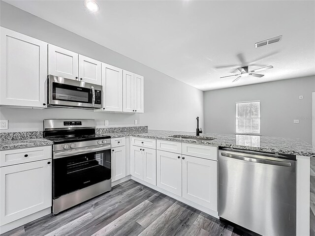 10625 Amos Ave, Hastings, FL 32145 - kitchen with a peninsula, visible vents, ceiling fan, stainless steel appliances, and a sink