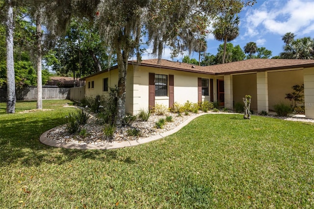 single story home with a front yard, fence, and stucco siding