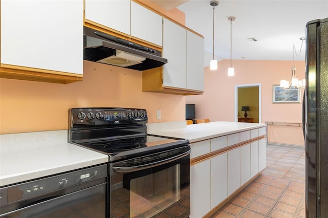 kitchen with light countertops, white cabinets, black appliances, and under cabinet range hood