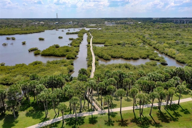 birds eye view of property featuring a forest view and a water view