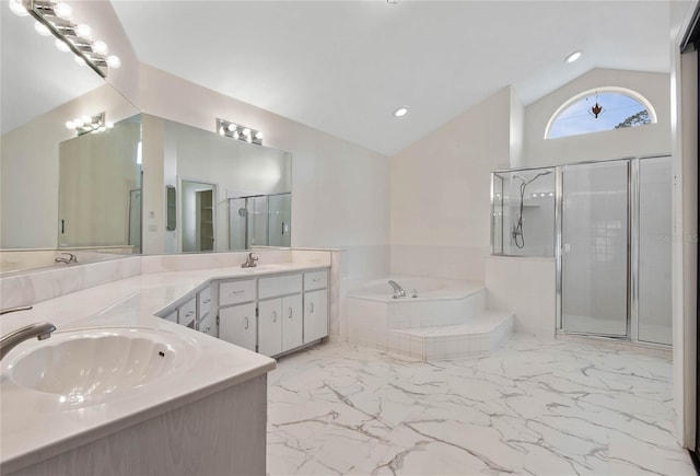 75 Fortune Ln, Palm Coast, FL 32137 - full bath featuring lofted ceiling, double vanity, a bath, a stall shower, and marble finish floors