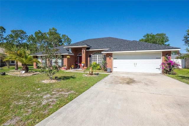 view of front of house featuring a garage, brick siding, driveway, and a front lawn