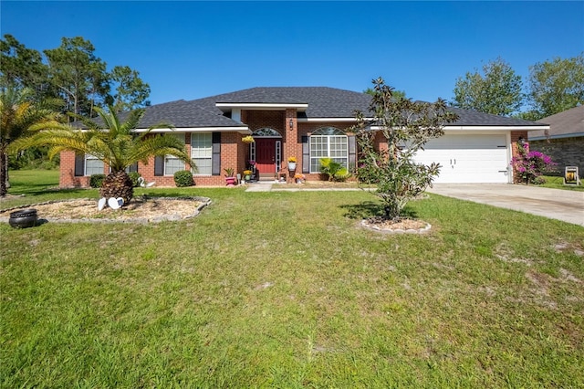 view of front facade featuring brick siding, driveway, a garage, and a front lawn