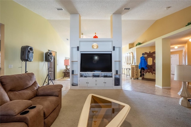living area featuring light carpet, visible vents, lofted ceiling, and light tile patterned floors