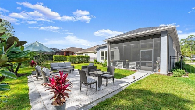 view of patio / terrace featuring an outdoor living space, a sunroom, and fence