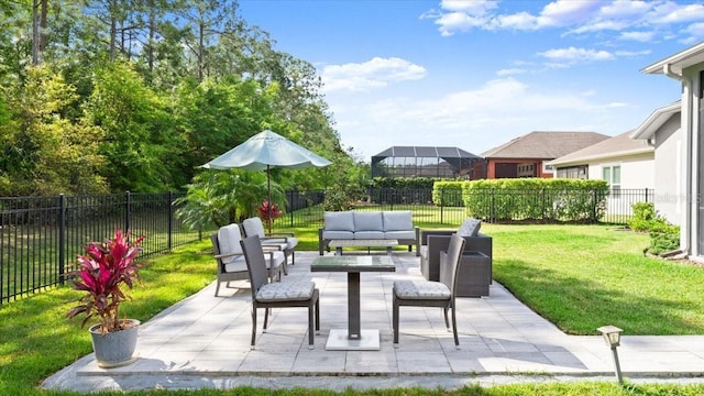 view of patio with a fenced backyard and outdoor lounge area