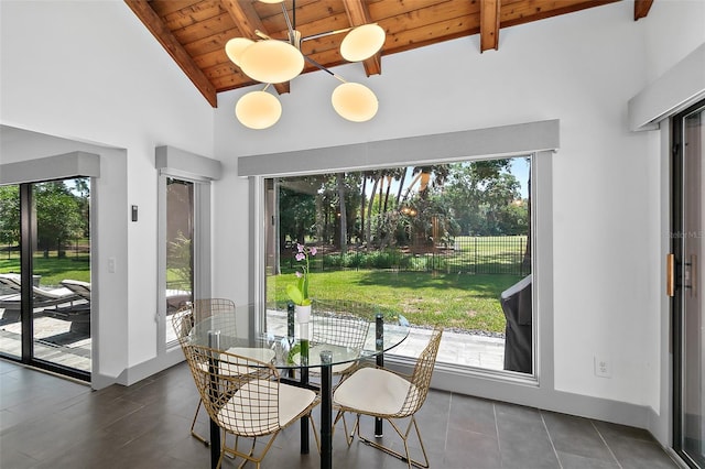 dining space with baseboards, high vaulted ceiling, wood ceiling, and beamed ceiling