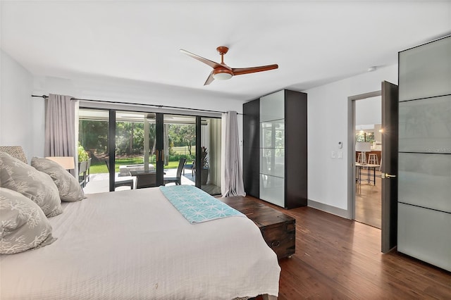 bedroom with baseboards, french doors, access to exterior, ceiling fan, and wood finished floors