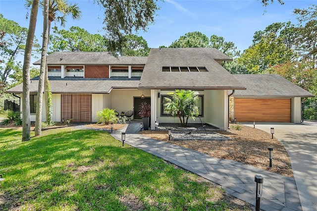 view of front of property featuring an attached garage, roof with shingles, driveway, and a front yard