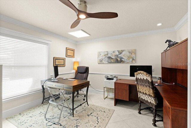 2924 River Point Dr, Daytona Beach, FL 32118 - home office featuring crown molding, ceiling fan, baseboards, and light tile patterned floors