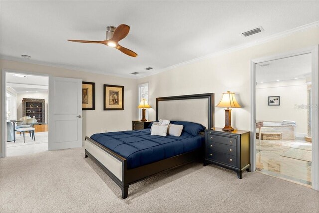 2924 River Point Dr, Daytona Beach, FL 32118 - bedroom with ornamental molding, visible vents, ceiling fan, and light carpet