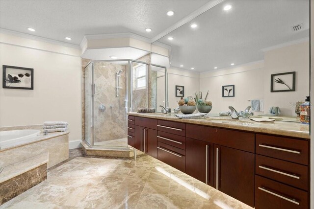 2924 River Point Dr, Daytona Beach, FL 32118 - full bath with a shower stall, double vanity, a garden tub, and ornamental molding