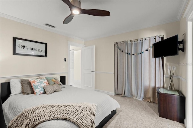2924 River Point Dr, Daytona Beach, FL 32118 - bedroom with ornamental molding, visible vents, a ceiling fan, and carpet