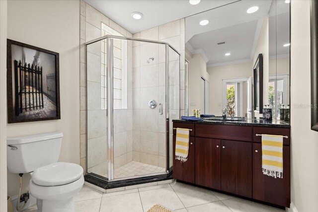 2924 River Point Dr, Daytona Beach, FL 32118 - bathroom with crown molding, a shower stall, and tile patterned flooring