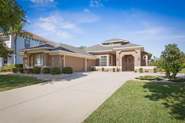 65 Heron Dr, Palm Coast, FL 32137 - prairie-style house with concrete driveway, an attached garage, a front lawn, and stucco siding