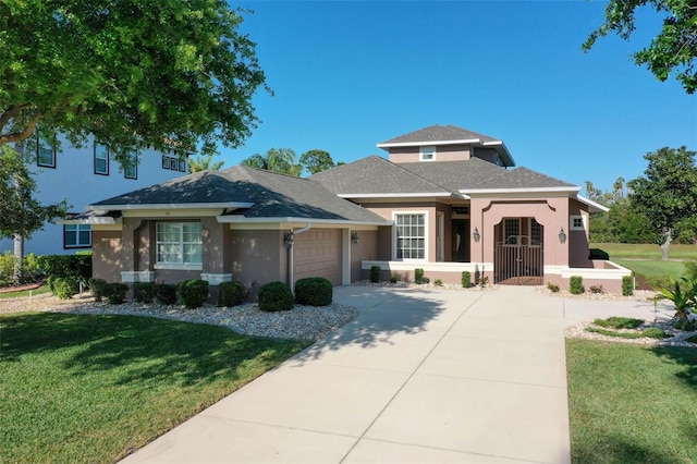 65 Heron Dr, Palm Coast, FL 32137 - view of front of property featuring stucco siding, roof with shingles, a front lawn, an attached garage, and driveway