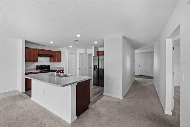 10 Post Oak Ln, Palm Coast, FL 32164 - kitchen featuring stainless steel refrigerator with ice dispenser, black range with electric cooktop, light carpet, under cabinet range hood, and a sink