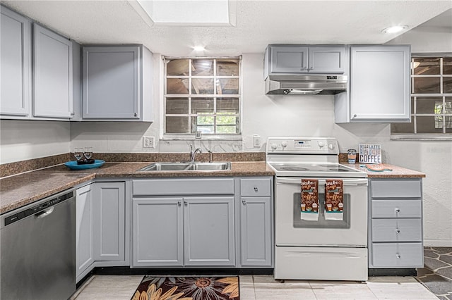 600 10th St, Daytona Beach, FL 32117 - kitchen with white range with electric cooktop, gray cabinetry, dishwasher, and under cabinet range hood