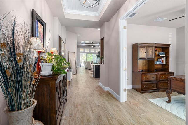 816 Creekwood Dr, Ormond Beach, FL 32174 - hallway with light wood finished floors, baseboards, visible vents, and a tray ceiling